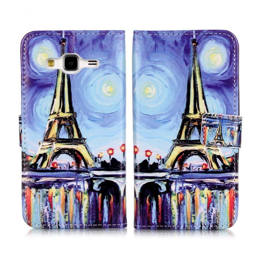 Samsung Galaxy J3 2016 / J3 Kohokuvio Nahkakotelo Yötaivas Ja Eiffel Torni